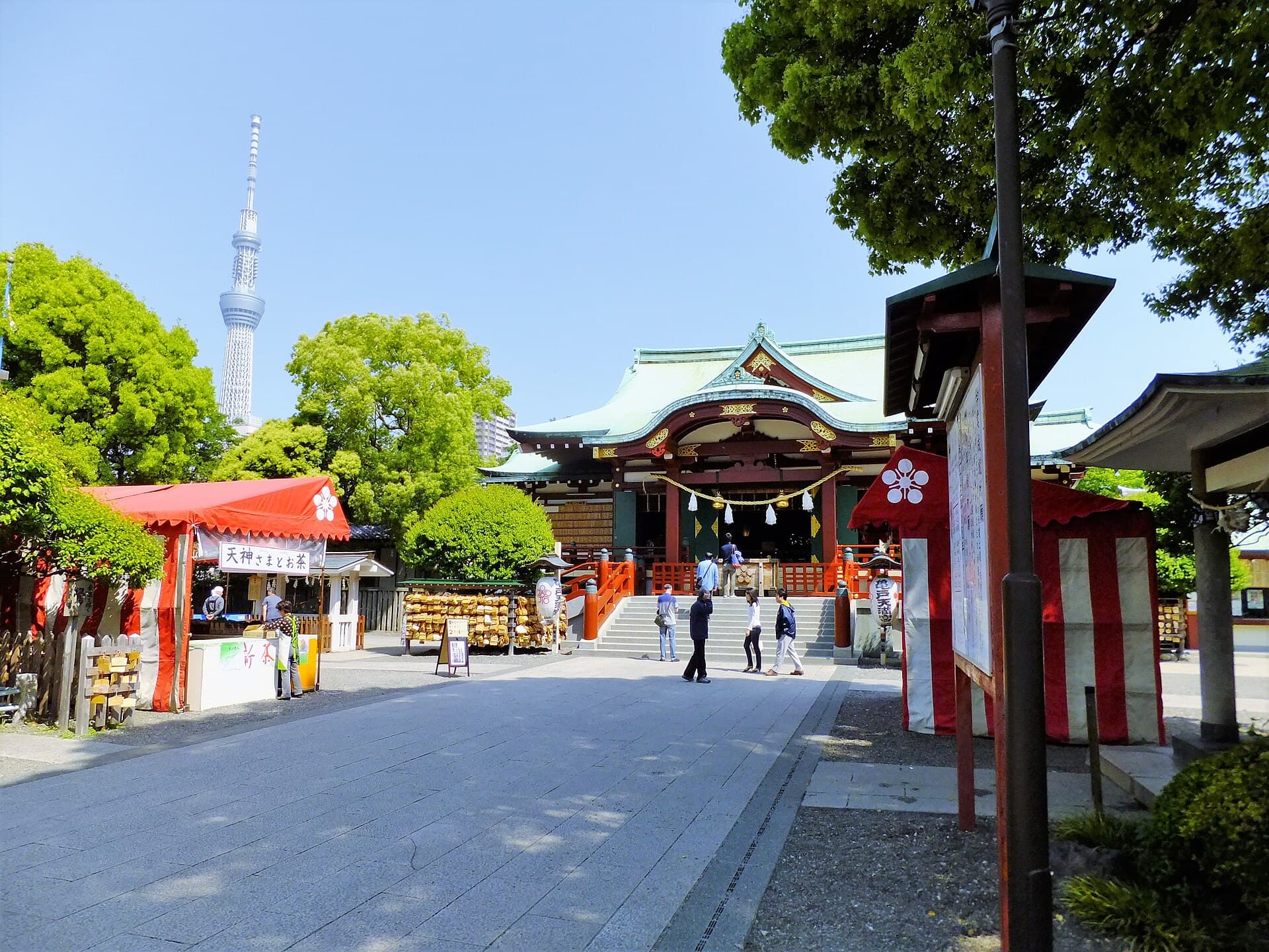 藤まつり期間中の亀戸天神社の境内。藤棚の紫の花越しに社殿を望む風景